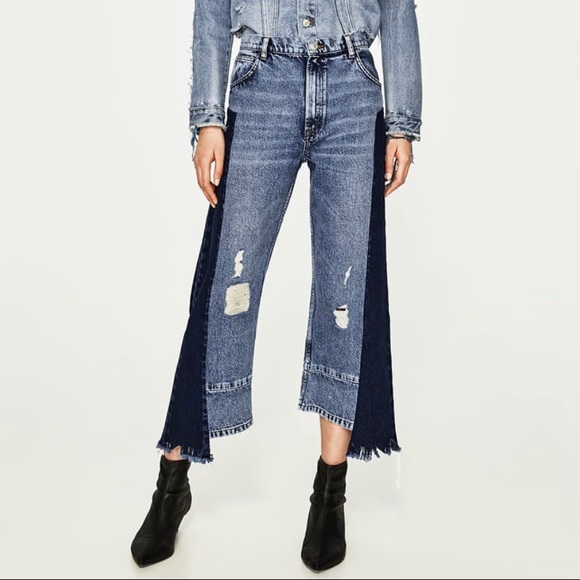 Blue Patchwork two tone denim asymmetric splice jeans Size 2 - Picture 1 of 12